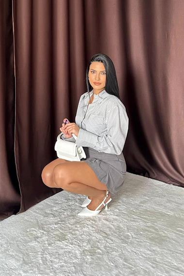 Toptan Füme Düğme Detaylı Pileli Etek