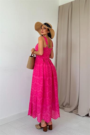 Toptan Fuşya Askılı Aparatlı Brode Elbise
