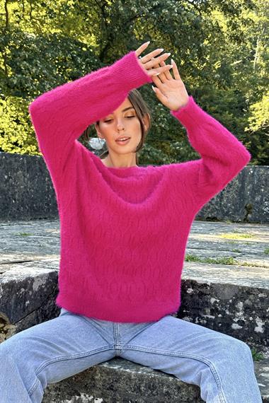 Toptan Fuşya Baklava Desenli Triko Kazak