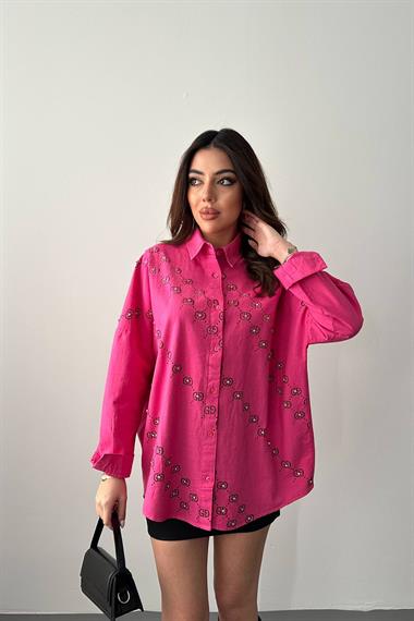 Wholesale Fuchsia Dyed Linen Printed Stone Shirt