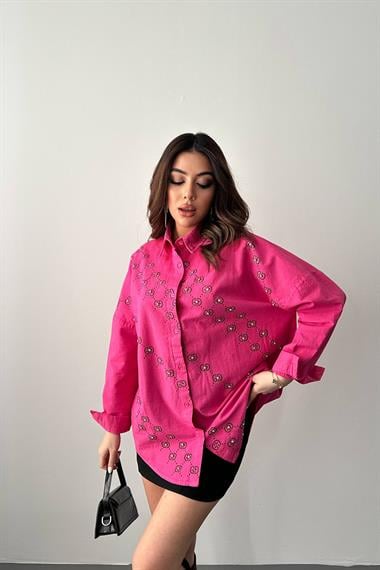 Wholesale Fuchsia Dyed Linen Printed Stone Shirt