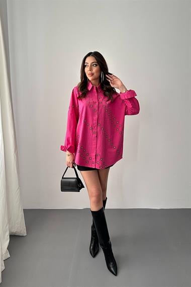 Wholesale Fuchsia Dyed Linen Printed Stone Shirt