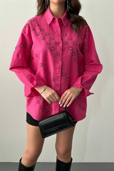 Wholesale Fuchsia Dyed Linen Printed Stone Shirt