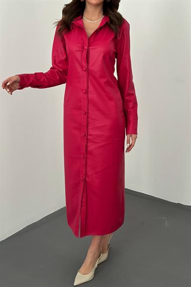 Toptan Fuşya Boydan Düğmeli Deri Elbise