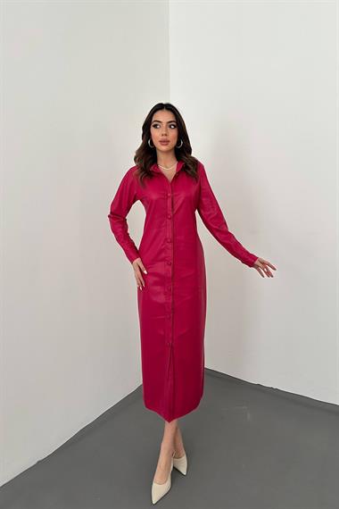 Toptan Fuşya Boydan Düğmeli Deri Elbise