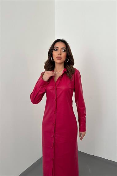 Toptan Fuşya Boydan Düğmeli Deri Elbise