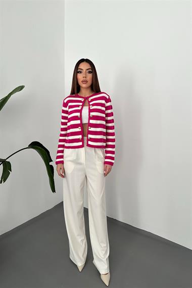 Toptan Fuşya Çizgili ve Düğmeli Triko Kazak