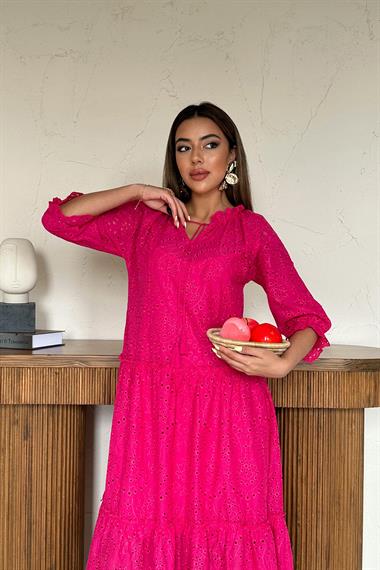 Toptan Fuşya Dantelli New Elbise