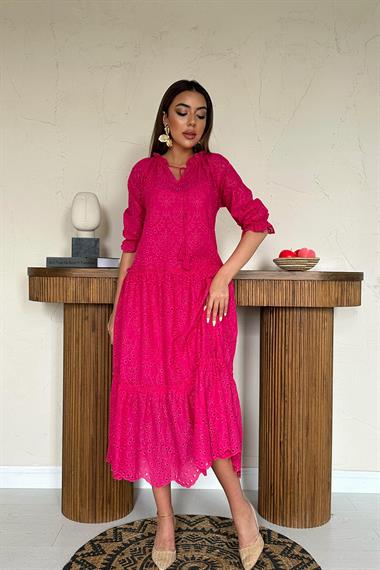 Toptan Fuşya Dantelli New Elbise