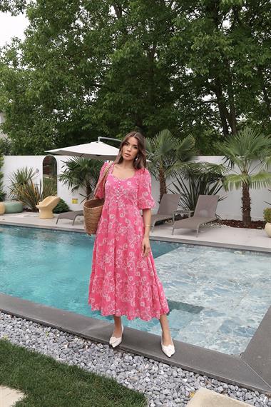 Toptan Fuşya Düğmeli Brode Elbise