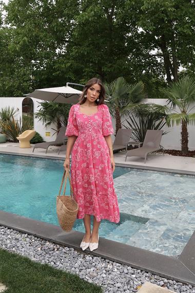 Toptan Fuşya Düğmeli Brode Elbise