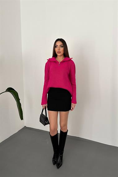 Toptan Fuşya Fermuarlı ve Boğazlı Triko Kazak