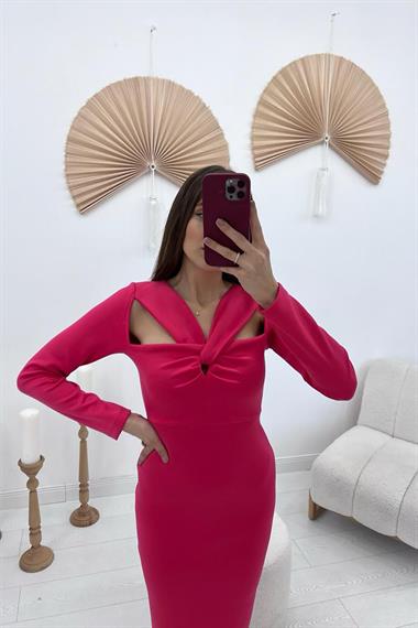 Toptan Fuşya Göğüsü Büklüm Elbise