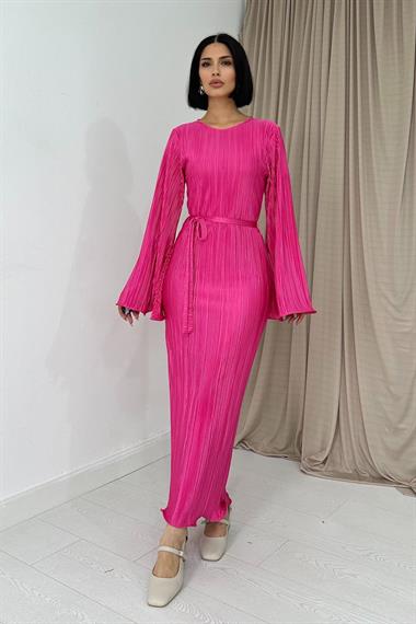Toptan Fuşya İspanyol Kol Piliseli Elbise
