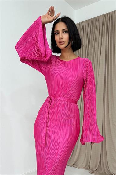 Toptan Fuşya İspanyol Kol Piliseli Elbise