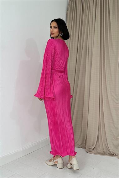 Toptan Fuşya İspanyol Kol Piliseli Elbise