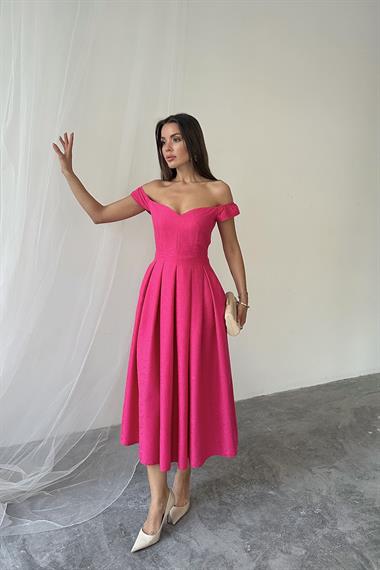 Toptan Fuşya Jakarlı Elbise