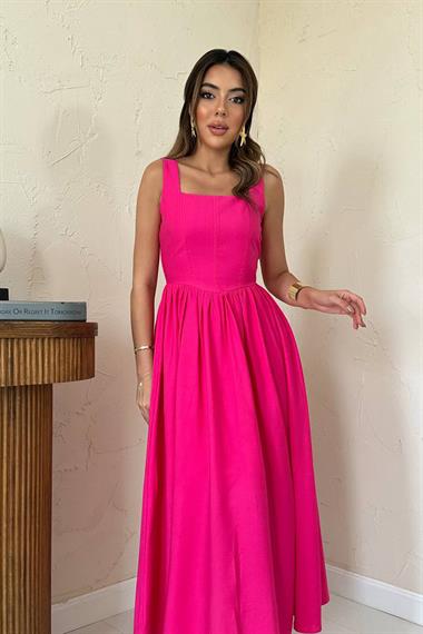 Toptan Fuşya Kalın Keten Elbise