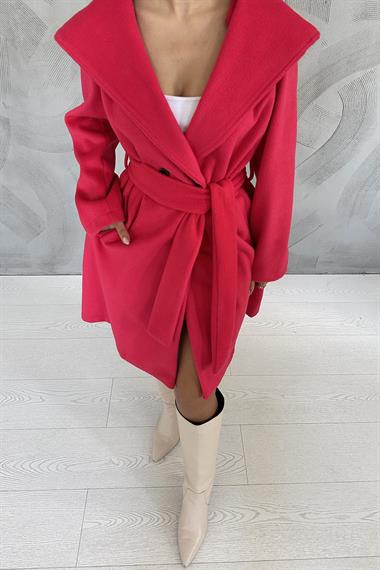 Toptan Fuşya Kapüşonlu Kuşaklı Kaban