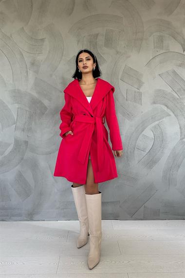 Toptan Fuşya Kapüşonlu Kuşaklı Kaban