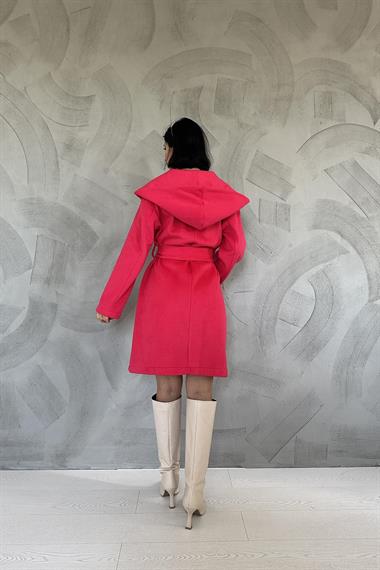 Toptan Fuşya Kapüşonlu Kuşaklı Kaban