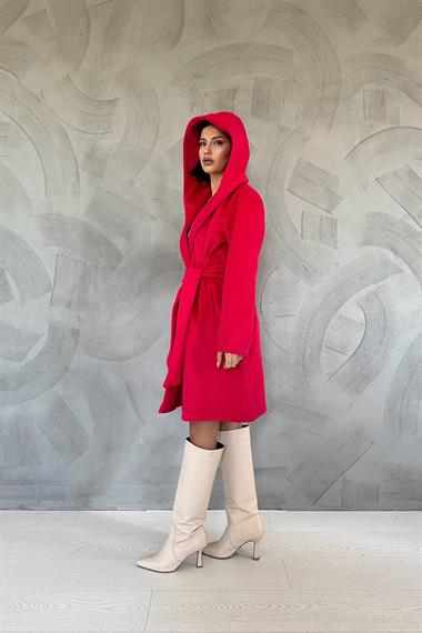 Toptan Fuşya Kapüşonlu Kuşaklı Kaban