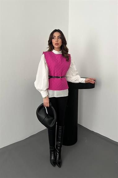 Toptan Fuşya Kemerli Gömlek ve Panço Takım