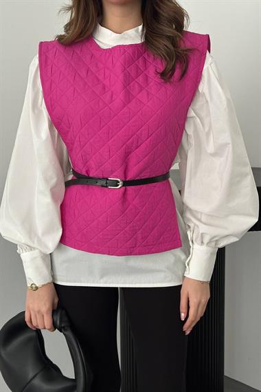 Toptan Fuşya Kemerli Gömlek ve Panço Takım