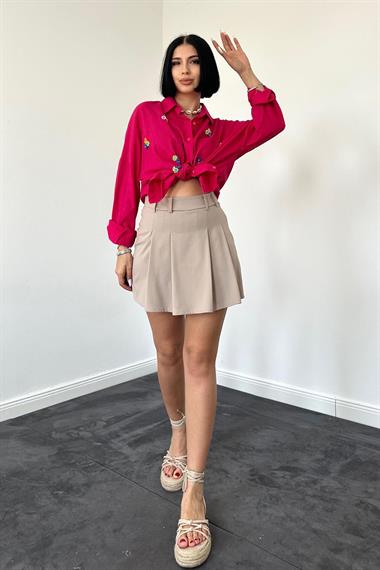 Wholesale Fuchsia Linen Classic Pattern Beaded Embroidered Shirt