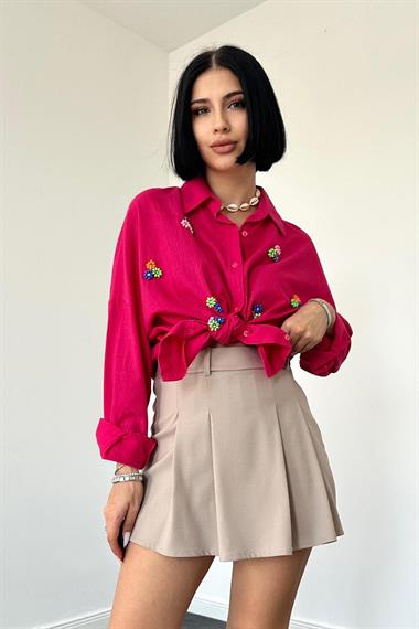 Wholesale Fuchsia Linen Classic Pattern Beaded Embroidered Shirt