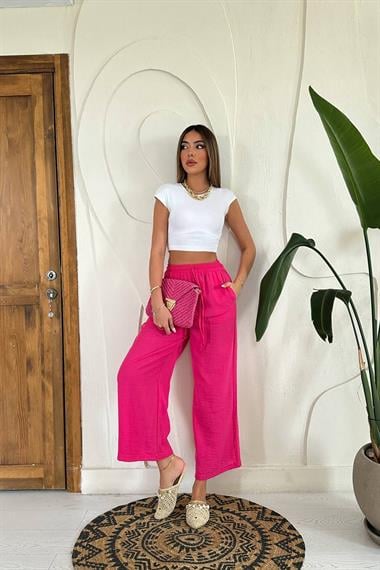 Toptan Fuşya Keten Pantolon