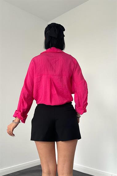 Toptan Fuşya Klasik Kalıp Çift Cep Kollar Büzgülü Gömlek