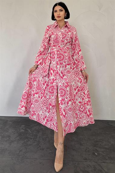 Toptan Fuşya Kuşaklı Elbise