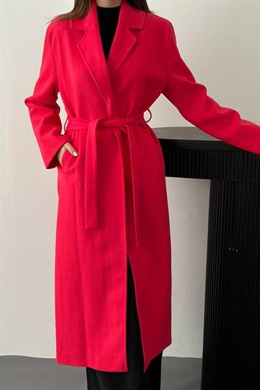 Toptan Fuşya Kuşaklı Midi Kaban