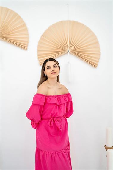 Toptan Fuşya Madonna Yaka Elbise