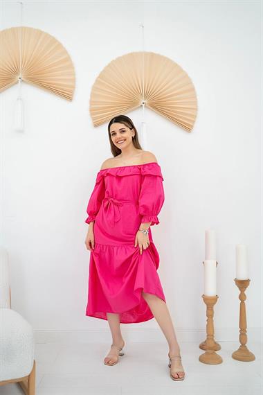 Toptan Fuşya Madonna Yaka Elbise