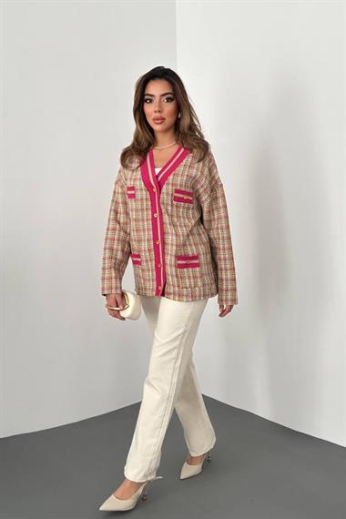 Toptan Fuşya Ön Ribana Ekose Ceket