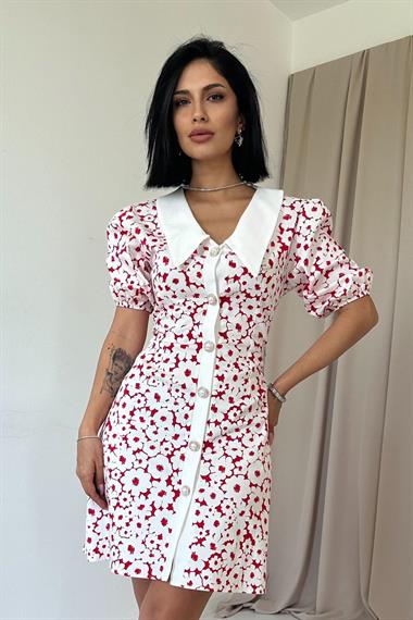 Toptan Fuşya Önlük Yakalı Poplin Elbise