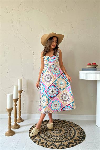 Toptan Fuşya Önü Bağcıklı Elbise