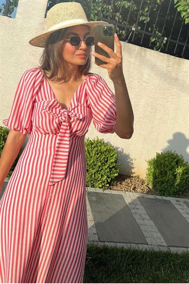 Toptan Fuşya Önü Bağlamalı Çüzgülü Elbise