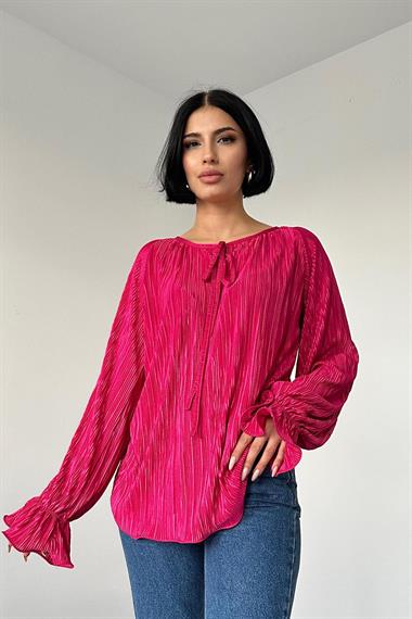 Toptan Fuşya Reglan Kol Piliseli Bluz