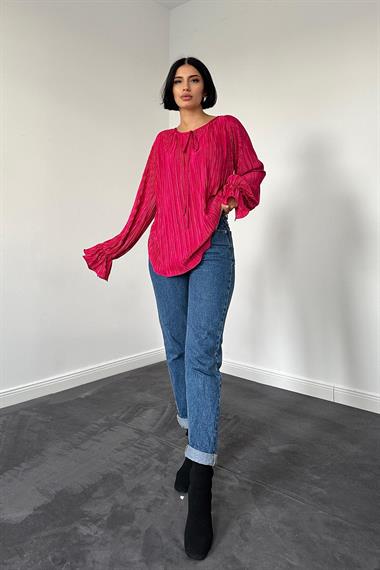 Toptan Fuşya Reglan Kol Piliseli Bluz