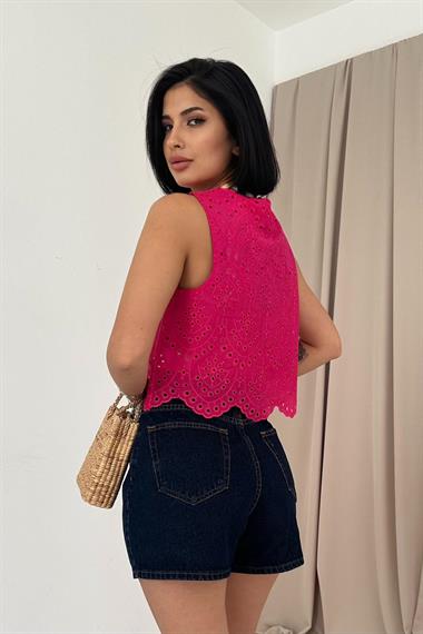 Toptan Fuşya Sıfır Kol Brode Bluz