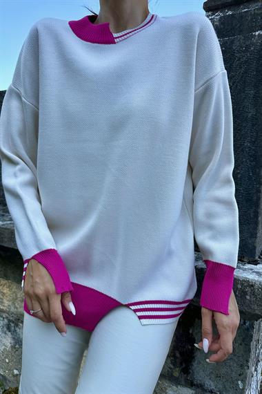 Toptan Fuşya Yaka ve Manşet Garnili Triko Kazak