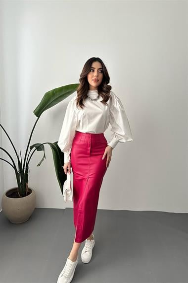 Toptan Fuşya Yırtmaçlı Süs Patlı Etek