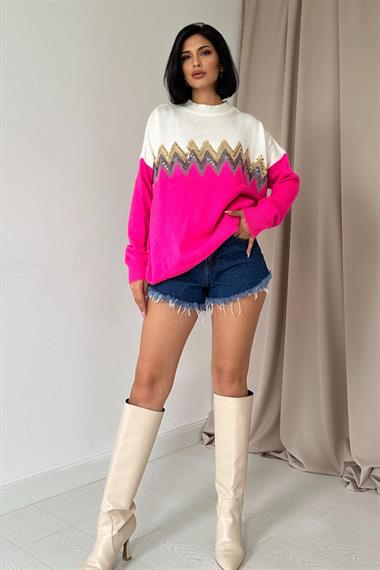 Toptan Fuşya Zikzak Desenli Triko Kazak