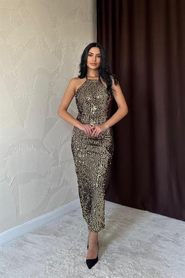 Toptan Gold Boyundan Bağlamalı Elbise