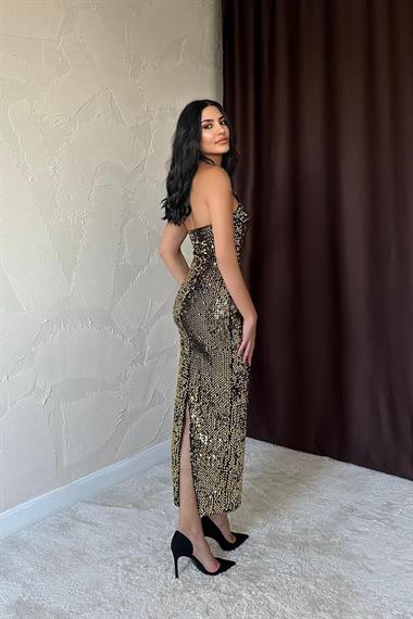 Toptan Gold Boyundan Bağlamalı Elbise