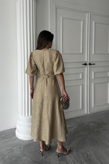 Toptan Gold Işıltılı Kemerli Kruvaze Elbise