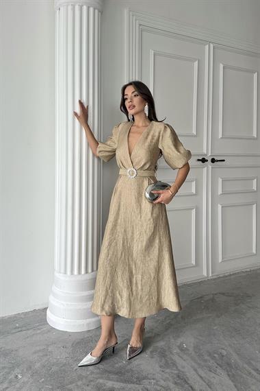 Toptan Gold Işıltılı Kemerli Kruvaze Elbise